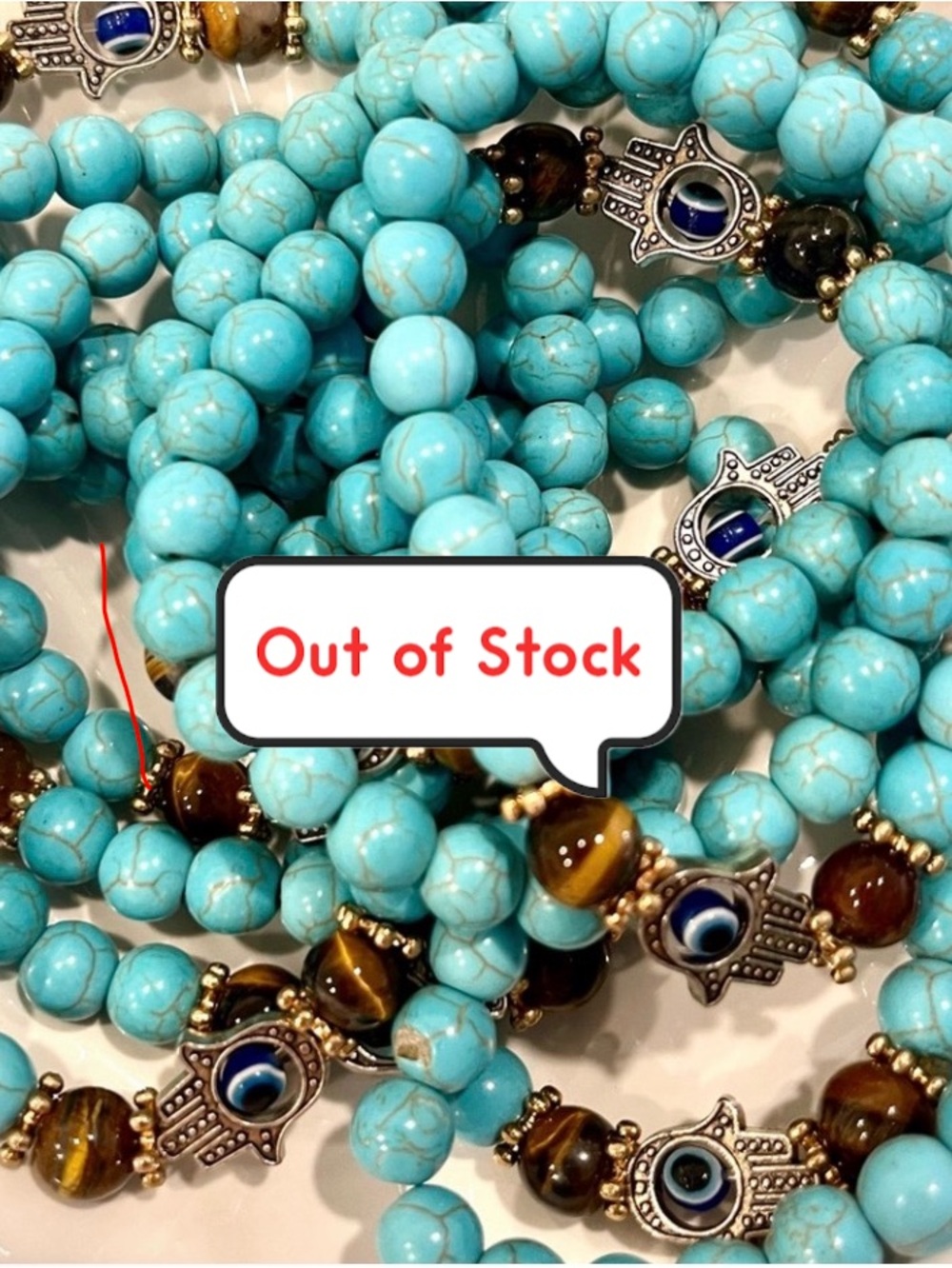 Tigers Eye With Turquoise Toned Glass Beaded Bracelets-Hamsa & Evil Eye Charms